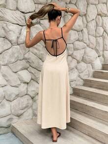 SHEIN Frenchy 女式露背系带细肩带中长度假连衣裙 - 杏色 - 查看 9