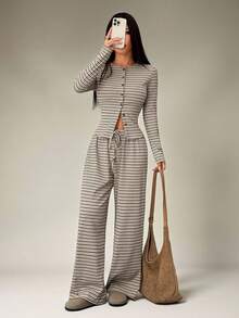 SHEIN PETITE 2pcs Women Casual Striped Front Button Long Sleeve Top And Wide Leg Pants Set, Spring And Summer 2 Piece Casual Sets Woman Comfortable Two Piece Set - Multicolor - View 4