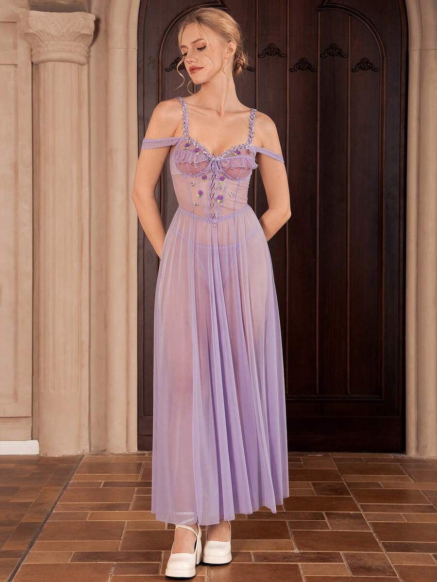 Myrelith 2pcs Set Romantic Lace Contrast Color Water-Soluble Flower Decor Bodycon Long Mesh Slip Dress, Palace Style - Mauve Purple - View 1