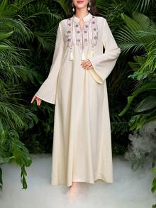 Al Najma Women's Apricot Semi Sheer Long Arabian Tunic Dress,Notched V-Neck Flare Sleeves,Floral Embroidered Lace Tassel Pendant,Elegant Modest Caftan,Summer - Apricot - View 3