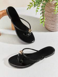 SHUZIA Women's Round Toe T Strap Thong Poolside Flip Flop Sandals - Black - View 9