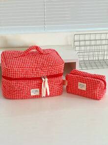 Red Grid Makeup Bag, Portable Quilted Checkered Toiletry Pouch With Large Capacity For Travel - Red - View 4