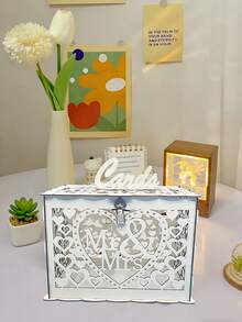 1pc Rustic Wooden Lock Wedding Card Box, Suitable For Weddings, Birthdays, Graduations - White - View 2
