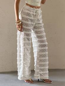 Bluhae Pantalones largos de mujer con encaje jacquard y diseño calado, nueva llegada de primavera/verano - Albaricoque - Ver 4