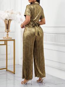 SHEIN Lady 女士纯色裹身短袖上衣和褶皱阔腿裤优雅两件套 - 金色 - 查看 2