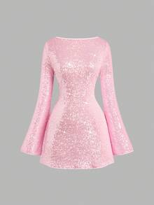 Sweetra Đầm dự tiệc mini ôm sát tay dài đính sequin lấp lánh dành cho nữ cỡ lớn, đầm ngắn bó sát lấp lánh thích hợp cho tiệc mùa hè. - Hồng - Xem 8