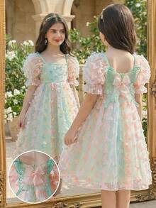 SHEIN 女童/女婴多色蝴蝶仙子公主裙，带透明荷叶边袖子和大大的背部蝴蝶翅膀，非常适合参加派对。 - 綠色 - 查看 14