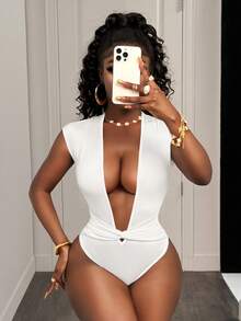 BamGleam 时尚深V领针织连体衣，弹力亲肤 - 白色 - 查看 5