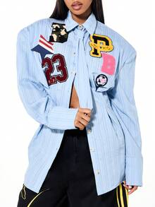 SUMWON WOMEN Vestido mini de manga larga con botones, cuello y parches de estilo universitario, con detalle de cintura ceñida - Azul - Ver 4