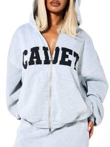 SUMWON WOMEN Áo Hoodie Nữ Dáng Rộng SUMWON, Khóa Kéo Toàn Thân, Họa Tiết In Chữ Phong Cách Đại Học, Có Đính Đá. - Xám - Xem 4