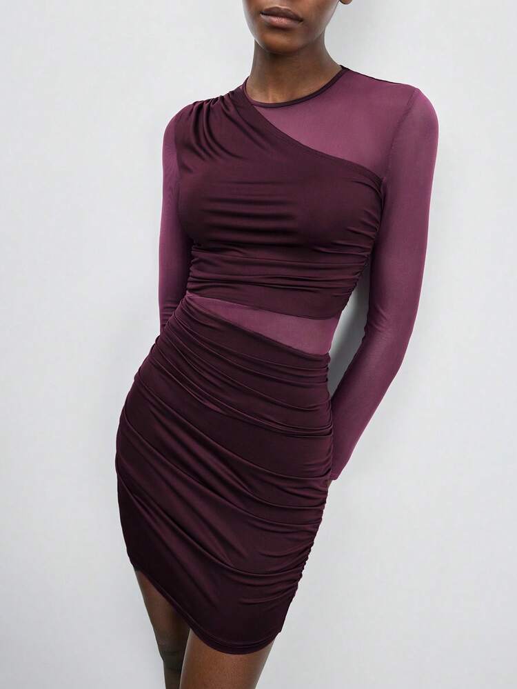 SHEIN Maija Women's Solid Color Mesh Patchwork Long Sleeve Mini Dress Mesh Dress High Stretch Dress Ruched Dress Ruched Dresses For Women Mesh Dress For Women  Resort Wear 2026