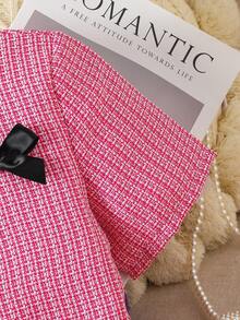 Tween Girls Casual Bowknot Plaid Print Short Sleeve Top And Pleated Skirt 2 Pieces Set - Hot Pink - View 5