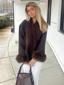 Sydney Algeri Fashionable Fuzzy Cuff Coffee Color Overcoat, Autumn/Winter,Fall - Coffee Brown - View 4