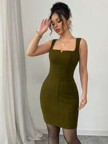 Elenzga Sleeveless Square Neck Waist Cinched Minimalist Elegant Women Bodycon Dress - Army Green - View 3
