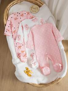 3pcs Newborn Baby Spring/Summer Knit Round Neck Long Sleeve Romper With Pants, Cute Polka Dot, Bow, Bear Print, Digital Pattern, Pink & White, Button Front Pajama Set - Multicolor - View 2