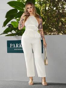 Arliah French Style Loose Solid Color Waist Tie Halter Top, Flowy Relaxed Wide Leg Pants, Fashionable 2-Piece Set For Women - Apricot - View 1