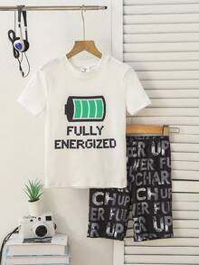 SHEIN GraphicGems Bộ đồ ngủ 2 món cho bé trai tuổi teen, in chữ tiếng Anh, cổ tròn, tay ngắn, quần short, chất liệu mềm mại thoáng khí, thích hợp mặc mùa hè. - Nhiều màu - Xem 5