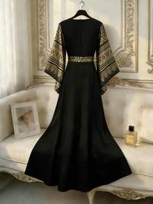 Franclia Đầm dài nữ mới, cổ vuông, tay rộng, thắt eo, phối họa tiết. - Đen và vàng - Xem 2