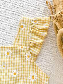 Vintaside Kids 女童夏季休闲格子雏菊印花连衣裙 - 黃色 - 查看 7