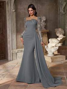 Glamrae Đầm dạ hội sang trọng, quý phái dành cho nữ, chất liệu vải đính sequin và hạt cườm (đính kèm nhiều chi tiết trang trí) - Xám - Xem 5