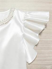 SHEIN Franclia 女款白色緞面圓領短袖泡泡珠飾上衣，優雅夏季辦公室上衣，適合婚禮與活動的休閒上衣 - 白色 - 查看 4