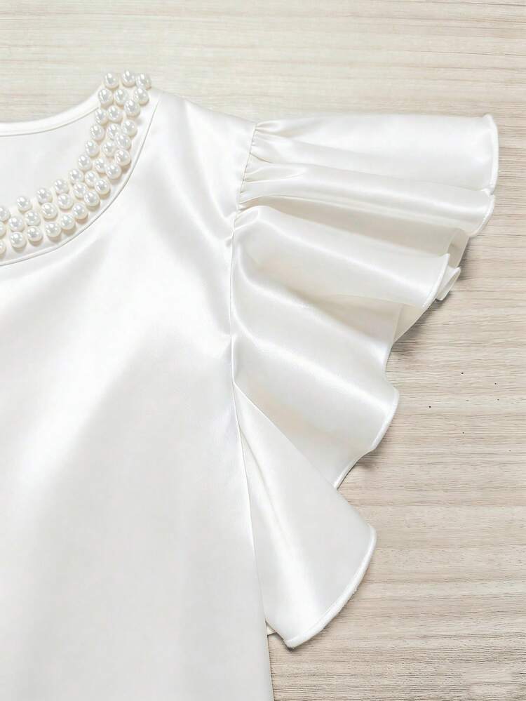 SHEIN Franclia Camiseta feminina de cetim de cor sólida, gola redonda, manga curta e detalhes em pérolas. - Branco - Ver 4
