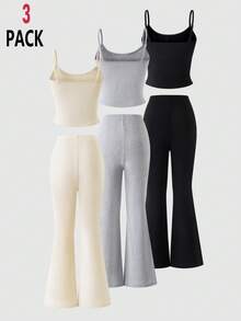 3pcs/Set Tween Girls All-Match Casual Camisole Top And Flare Pants Knit Solid Color Outfit, Suitable For Spring/Summer Daily/Sports Wear - Multicolor - View 2