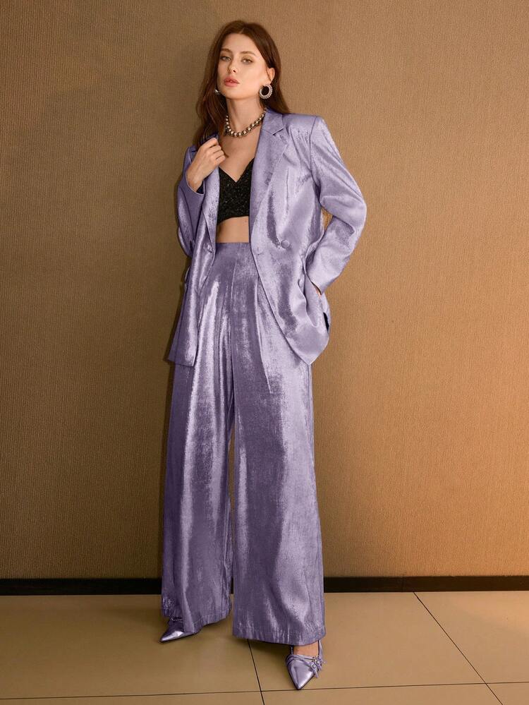 METALLIC COATED FABRIC FASHION LOOSE WIDE LEG SUIT PANTS