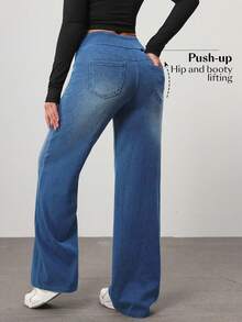 Flexra Petite Quần Jeans Ống Rộng Dáng Rộng Có Túi Lưng Thun Cho Nữ - Rửa nhẹ - Xem 2