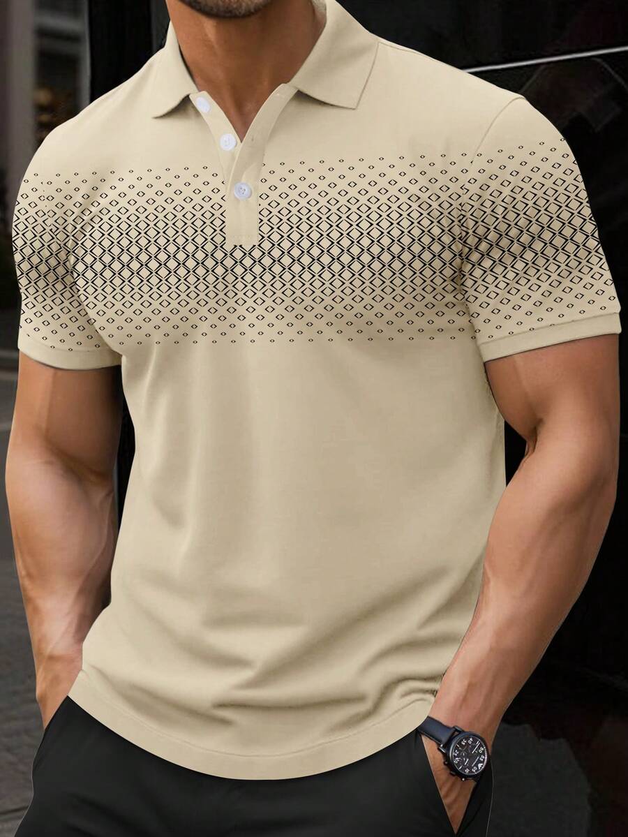 Manfinity Homme 男士米色夏季休閒幾何印花 Polo 衫，短袖四分之一排扣網眼鉤編高爾夫球衫，度假海灘夏威夷老錢風，正式 - 卡其色 - 查看 1