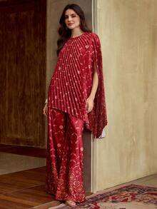 ZEYLAH 女士优雅设计印花褶裥不对称下摆上衣和阔腿裤套装，春秋季 - 紅色 - 查看 6
