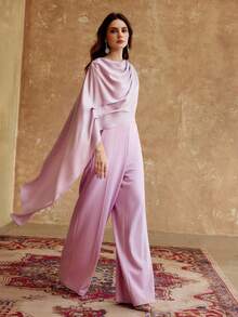 ZEYLAH Women's Solid Color Pleated Shawl Design Casual Jumpsuit For Travel & Vacation, Spring/Summer - Mauve Purple - View 5