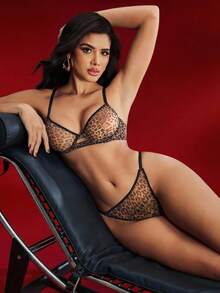 EmpressEnvy Ensemble de soutien-gorge à bretelles fines sexy avec armatures, imprimé léopard ajouré, pour l'été - Multicolore - Voir 3