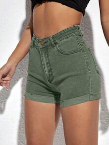 SHEIN ICON 女士纯色休闲牛仔短裤 - 軍綠色 - 查看 6