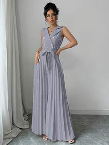 Selianne Women's Elegant Apricot Double-Breasted Design Pleated Jumpsuit, Spring/Autumn - Grey - View 4