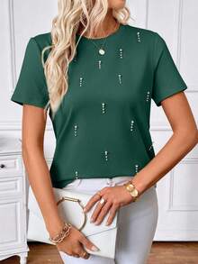 SHEIN LUNE Áo thun nữ tay ngắn dáng regular với họa tiết hạt cườm lấp lánh. - Màu xanh lá cây đậm - Xem 5