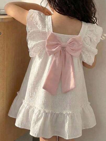 SHEIN Vintaside Kids Young Girl Hollow Embroidery Square Neck Ruffle Short Sleeve Bowknot Back Decor Ruffle Hem Cute Dress