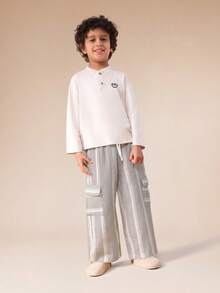 SUMWON Boys Striped Wide Leg Cargo Pants With Side Pockets Casual Comfortable Cotton Linen Feel Elastic Waist Summer Spring Lightweight Breathable Full Length Trouser - Black - View 3