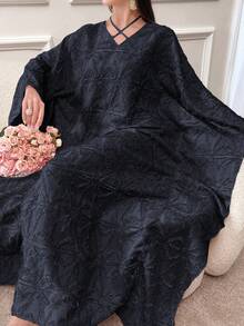 Al Najma V-Neck Criss-Cross Tie Design Elegant Laser Cut Fabric Long Sleeve Maxi Dress, Turkish & Arabic Traditional Abaya - Navy Blue - View 3