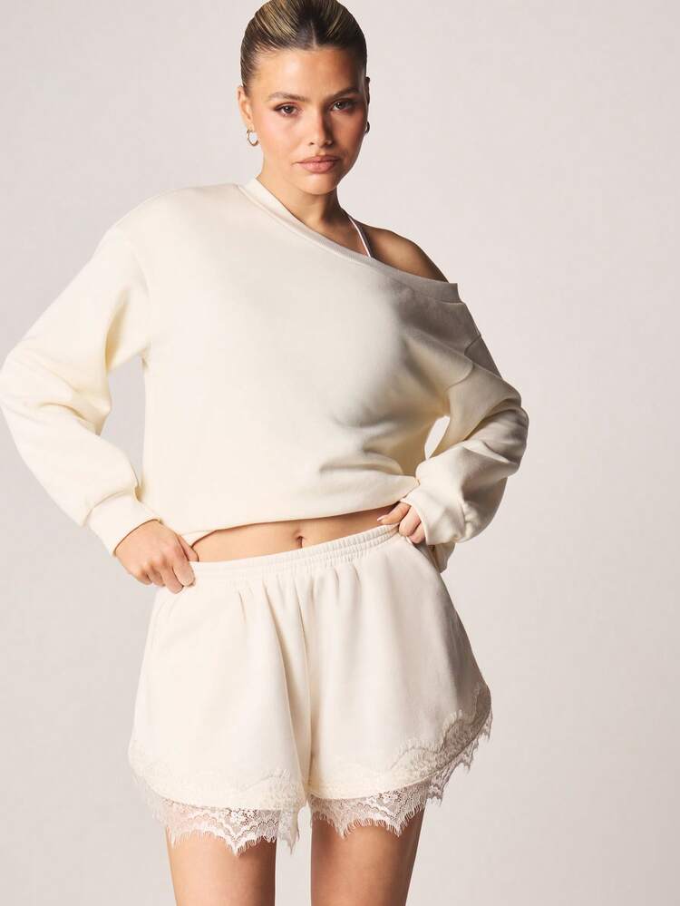MISSGUIDED Pantalones cortos cómodos para mujer con cintura elástica y adorno de encaje, para uso casual de verano y uso diario