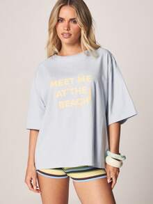 MISSGUIDED Camiseta gráfica "Encuéntrame en la playa" de manga corta y cuello redondo, de algodón, de talla grande, camiseta de declaración de vacaciones de verano - Celeste - Ver 5
