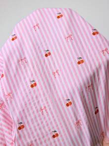 Solflare Pink,Summer,Cute,Family Matching Plus Size Cherry Blossom & Bow Striped Print Open Front Tie Bow Loose Short Sleeve Shirt & Shorts 2-Piece Set - Multicolor - View 7