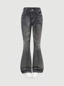 SHEIN Girlism Quần jean ống loe co giãn dành cho nữ tuổi teen, phong cách Y2K Punk Retro Vintage, thêu cánh và đính đá. - màu đen - Xem 2