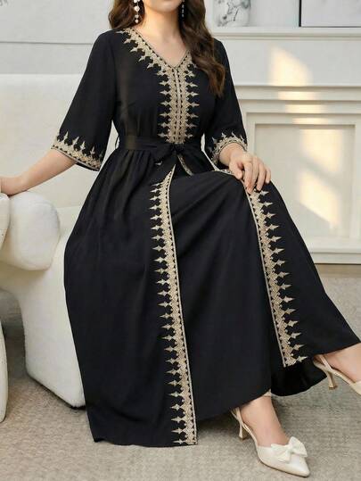 Elegant Floral Lace Trim Dress, Suitable For Parties And Photoshoots, Vintage Style, Black & Gold