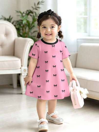 Cute Pink Bow, Baby Girl Sweet Bow Cartoon Print Fashionable Cap Sleeve Dress, Suitable For Spring & Summer, Sweet & Cute Dress Tops, Cute Tops, Suitable For Parties, Picnics