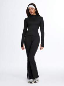 Eassivo Damen Sport-Set: Langarmshirt und Hose mit Reißverschluss, 2-teilig – mit Taschen, figurbetontes, professionelles Outfit für Fitness, Training und Yoga - Schwarz - Übersicht 4