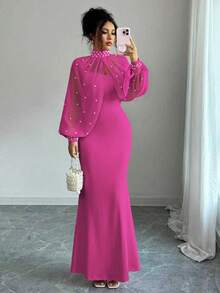 Elenzga New Elegant Mature Charm Evening Gown, Formal Dress, Dignified & Gentle, Dreamy Pink, Hand-Beaded Long Sleeve Top, Graceful Mermaid Hem Bodycon Slip Dress Set - Hot Pink - View 4