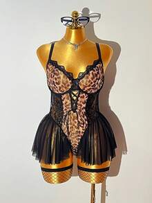 3pcs Set Sexy Leopard Print Lace Patchwork Deep V Sheer Criss-Cross Backless Jumpsuit - Multicolor - View 6