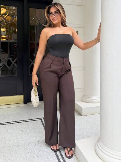 Maria Perezxox 女士纯色褶皱高腰直筒阔腿裤