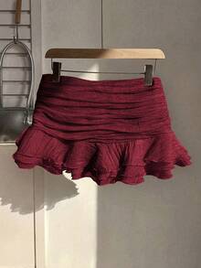 Elamini Chân váy ngắn nữ lãng mạn xếp ly, kiểu dáng gợi cảm, màu đỏ rượu vang, thích hợp cho tiệc năm mới, ngày Valentine. - Màu Đỏ Sâu - Xem 2